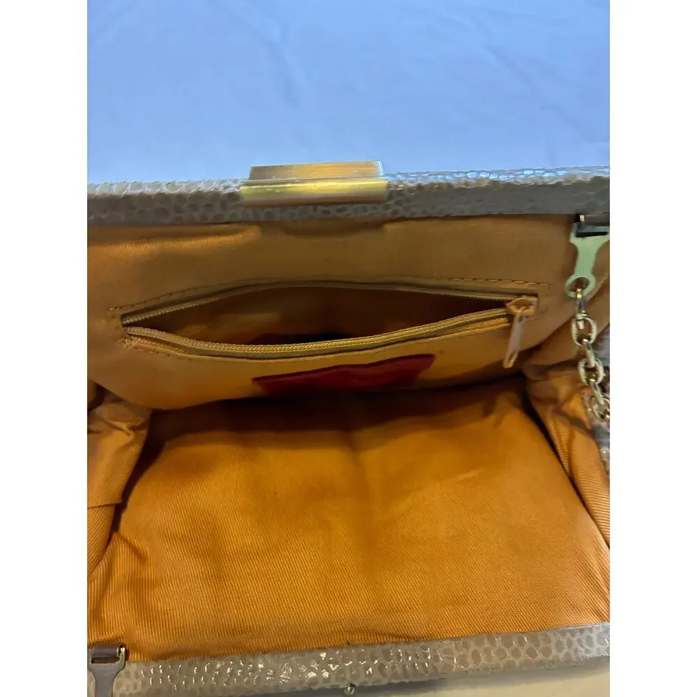 Y2K HOBO The Original Leather Frame Clutch Taupe Snakeskin Embossed Evening Bag